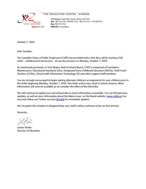 Letter to advise families of pending full withdrawal of services - CUPE - October 2 2019